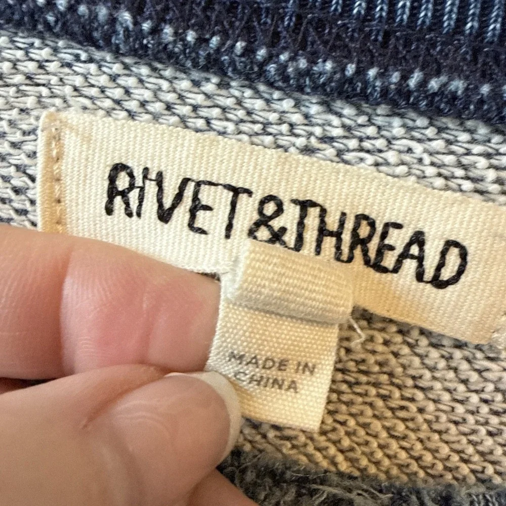 Rivet & Thread J Crew Distressed Thrashed Ripped Indigo Blue Sweatshirt M Grunge